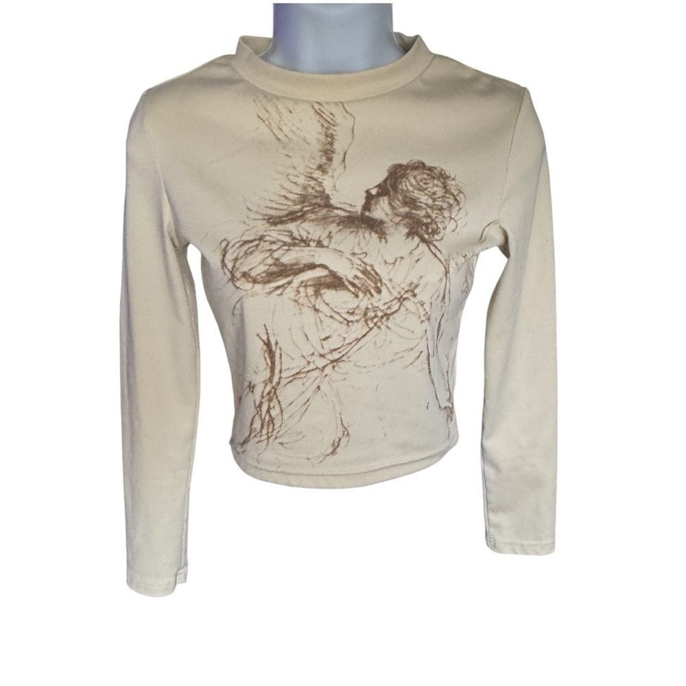 Cream and Brown Long Sleeve Tee with Artistic Print Juniors XS